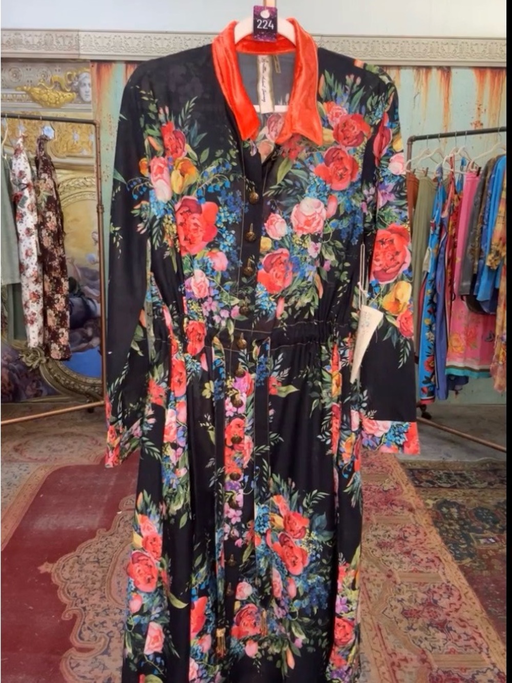 Aratta Black Long-Sleeve Floral Maxi Dress with Red Collar NWT Medium